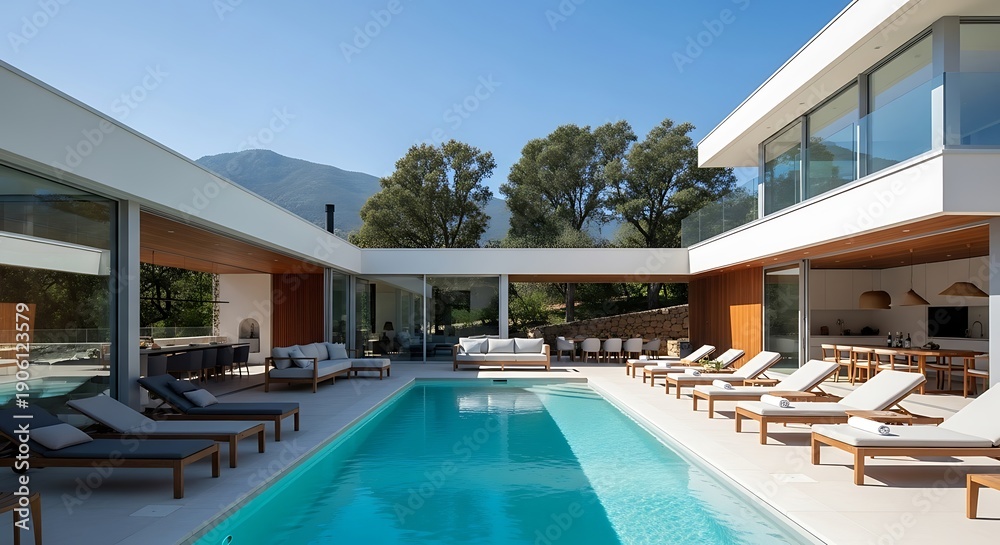 Fototapeta premium Modern villa with pool, lounge chairs, and open-plan living areas under a sunny sky