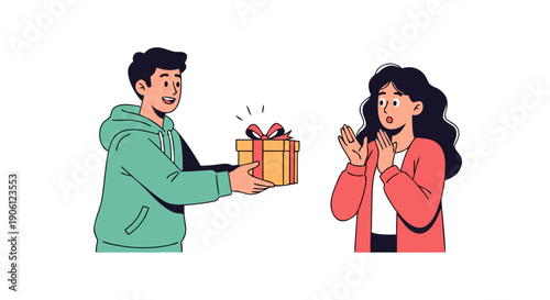 Smiling young man happily presenting a surprise wrapped gift box to a shocked woman illustration