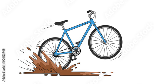 Simple cartoon bicycle is splashing dramatically through a large puddle of brown muddy water
