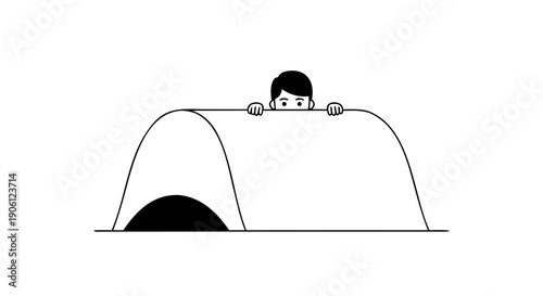 Minimalist black and white illustration of a peeking man emerging cautiously from inside a simple tent structure