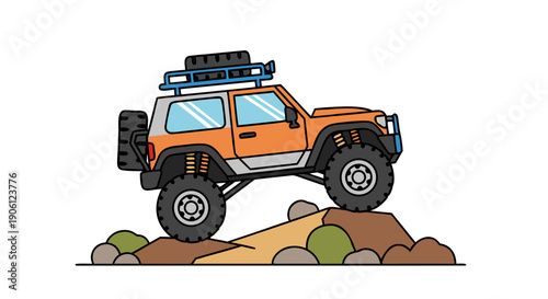 Illustration of an orange off road vehicle navigating difficult terrain showcasing suspension and oversized tires