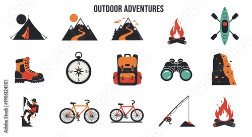 Outdoor adventure icons collection featuring hiking, camping, cycling, and kayaking illustrations in a modern graphic style