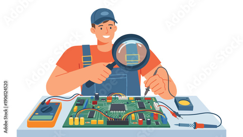 Electronics Technician Inspecting Circuit Board with Magnifying Glass. Engineer Working on PCB Repair and Technology Maintenance.