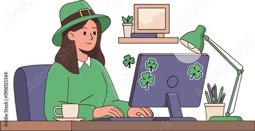 Woman Working on Laptop with Shamrock Decor isolated on transparent background