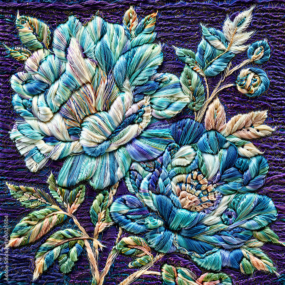 Obraz premium Embroidery Art Blue Peony Bloom