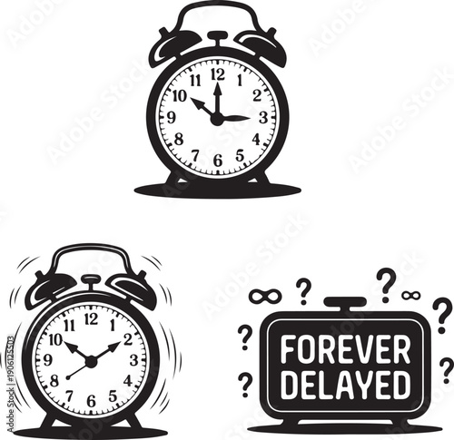 Alarm Clock Illustration with “Forever Delayed” Concept