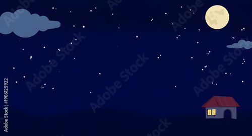 night, landscape, vector, illustration, scenery, nature, outdoor, sky, dark, moon, stars, starlight, silhouette, mountains, hills, forest, trees, meadow, horizon, clouds, calm, peaceful, serene, quiet