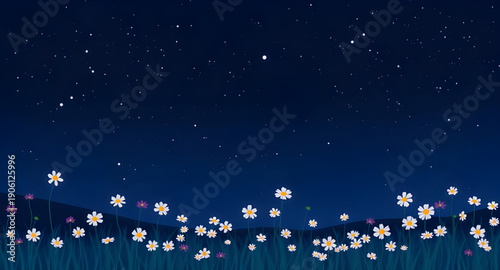 night, landscape, vector, illustration, scenery, nature, outdoor, sky, dark, crescent, moon, stars, constellation, silhouette, mountains, hills, forest, trees, river, reflection, horizon, clouds, calm