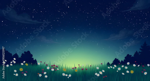 night, landscape, vector, illustration, scenery, nature, outdoor, sky, dark, crescent, moon, stars, constellation, silhouette, mountains, hills, forest, trees, river, reflection, horizon, clouds, calm