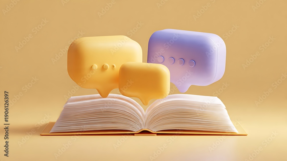 Fototapeta premium 3D open book with colorful speech bubbles representing education and communication.