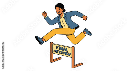 Woman jumping over 'Final Interview' hurdle, symbolizing career challenge and triumph