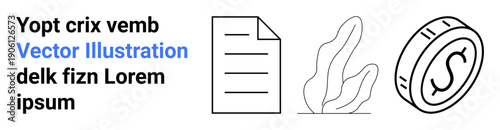 Business growth, finance, economic strategy, digital assets, paperwork management, modern economy. Minimalist designs of a document, abstract plant and coin. Business growth and finance concepts