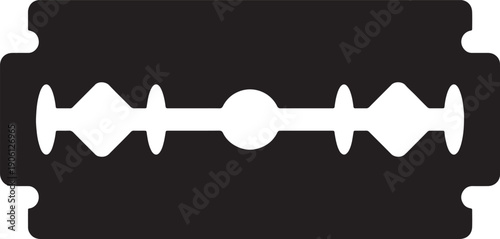 Safety razor blade with intricate cutouts, industrial black and white vector illustration