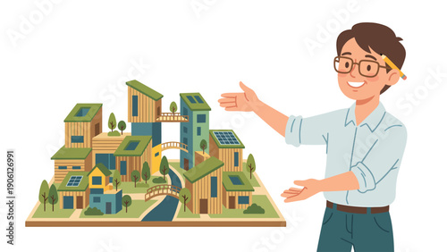 Architect presenting sustainable green city model with eco-friendly buildings and solar panels on white background