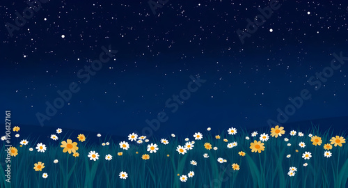 night, landscape, vector, illustration, scenery, nature, sky, dark, moon, crescent, stars, nightscape, silhouette, mountains, hills, forest, trees, plains, horizon, clouds, calm, peaceful, serene, tra