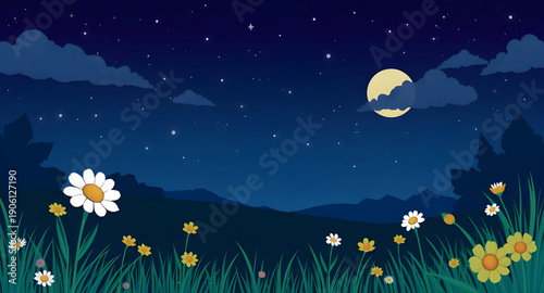 night, landscape, vector, illustration, scenery, nature, sky, dark, moon, stars, galaxy, cosmos, nightscape, silhouette, mountains, valley, forest, trees, hills, horizon, clouds, mist, fog, calm, peac
