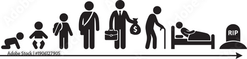 Human life cycle progression, conceptual black and white vector illustration