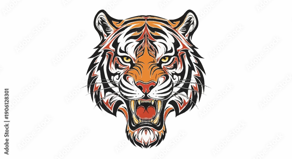Fototapeta premium Fierce Tiger Head Illustration with Open Mouth.
