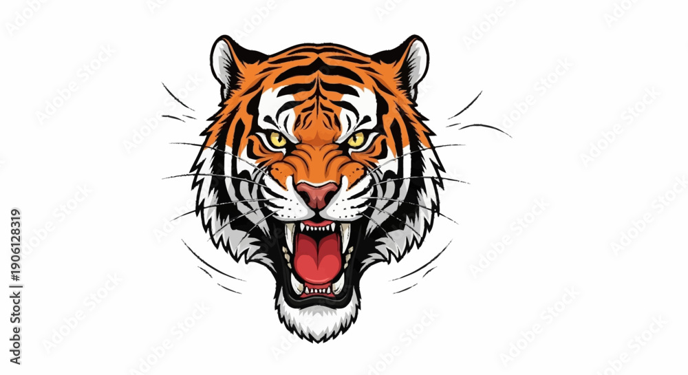 Fototapeta premium Fierce Tiger Head Roaring with Open Mouth and Sharp Teeth.