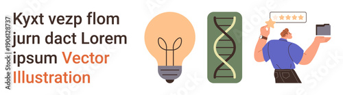 Innovation, education, biotechnology, customer feedback, communication, creativity. a light bulb, DNA strand and a person holding a tablet with stars. Innovation and education concept