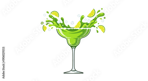 A vibrant green margarita cocktail with lime juice splashing out of a salt-rimmed glass on Happy National Margarita Day