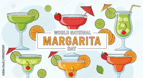 Colorful margarita cocktails with salt rim and garnishes celebrate National Margarita Day with tequila, lime juice, and orange liqueu.