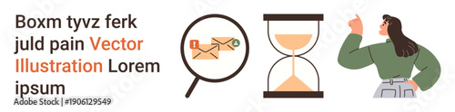 Email analysis, time management, organization, productivity, communication, focus. Magnifying glass over an email, hourglass and person pointing ahead. Email analysis and time management
