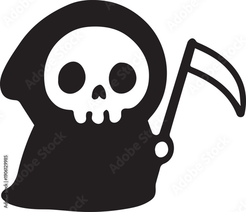 Adorable Grim Reaper holding a scythe, cute and minimalist black and white vector illustration