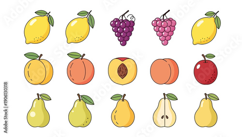 Assorted fruits including lemons, grapes, peaches, pears, and apples arranged in a grid pattern, viewed from directly above.