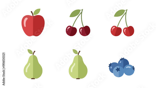 Assorted fruits including an apple, cherries, pears, and blueberries arranged neatly on a white background from a direct viewpoint