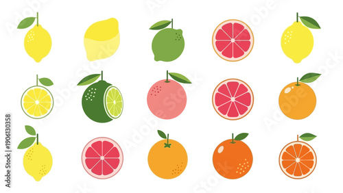 Assorted citrus fruits and halves arranged in a grid pattern on a clean background from a direct viewpoint