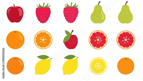 Assorted Fruits Arranged in Grid Pattern on White Background from Direct Viewpoint