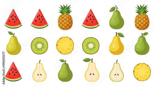 A vibrant flat-lay arrangement of assorted fruits including pineapples, watermelons, and pears, displayed on a clean surface from a directly overhead viewpoint.
