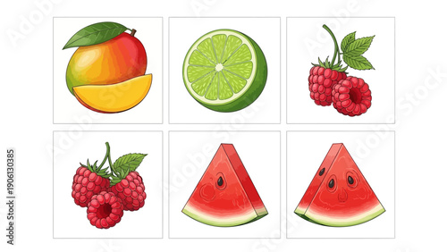 A collection of fresh fruits including peach, lime, raspberry, and watermelon arranged in a grid pattern