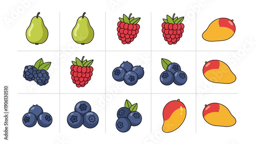 A grid of various fruits including pears, raspberries, blueberries, and mangoes displayed on a clean white background from a direct viewpoint.