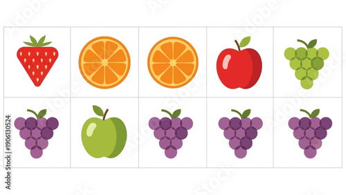 Assorted Fruits Displayed in a Grid Pattern on a White Background from a Direct Viewpoint