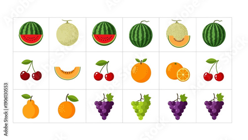 Assorted fruits arranged in a grid pattern on a clean white surface from a direct overhead viewpoint