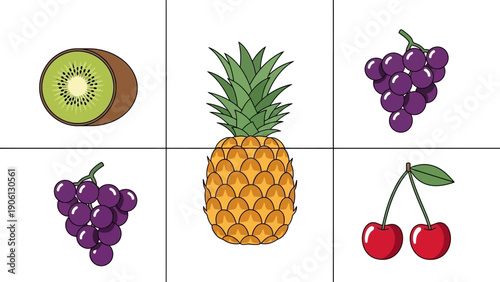 A vibrant grid display of assorted fruits including kiwi, grapes, pineapple, and cherries on a clean white background from a direct overhead viewpoint.