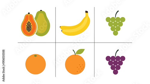 Assorted fruits displayed in a grid pattern showcasing vibrant colors and varied textures from a direct overhead viewpoint