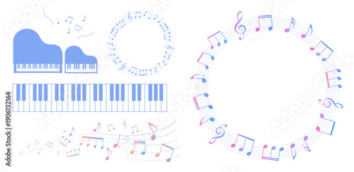 カラフルな五線譜のフレームイラスト ピアノのイラスト素材　鍵盤