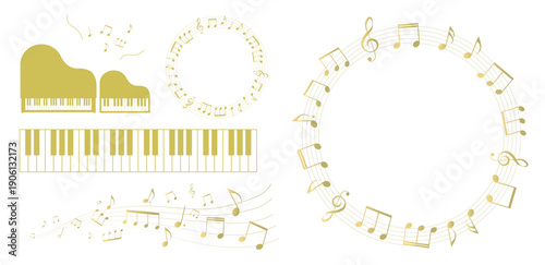 ゴールドの五線譜のフレームイラスト ピアノのイラスト素材　鍵盤