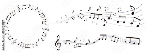 遠近感のある楽譜のフレームイラスト　五線譜　背景イラスト　音符、休符、音楽記号のイラスト