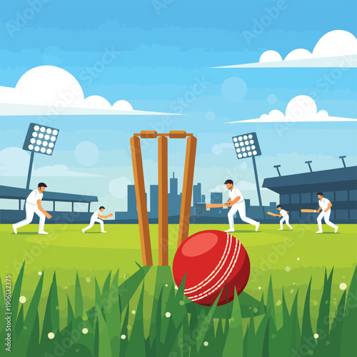 Cricket match vector illustration with players, red ball, wickets on green field, stadium lights, blue sky background