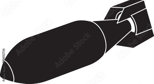 Aerial falling bomb, minimalist military black and white vector illustration