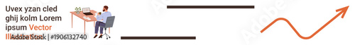 Economic trends, workplace productivity, goal setting, financial analytics, success strategies, career growth. Person working at desk, upward arrow trendline. Business growth and financial analytics