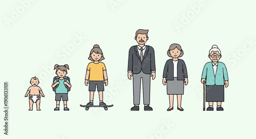 Human lifecycle stages from baby to elderly person illustration.