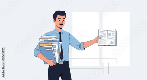 Illustrated businessman character holding a pile of paperwork and showing a document.