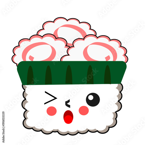 Cute sushi character illustration with narutomaki on top, featuring a simple cartoon style, bright colors, and an appealing design. Suitable for culinary designs, social media, and Japanese food theme