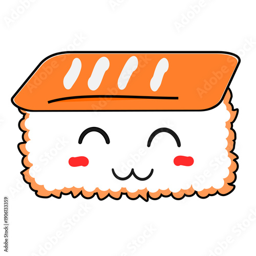 Cute Japanese sushi illustration with fresh salmon on top of rice, featuring a charming cartoon style, bright colors, and a simple design