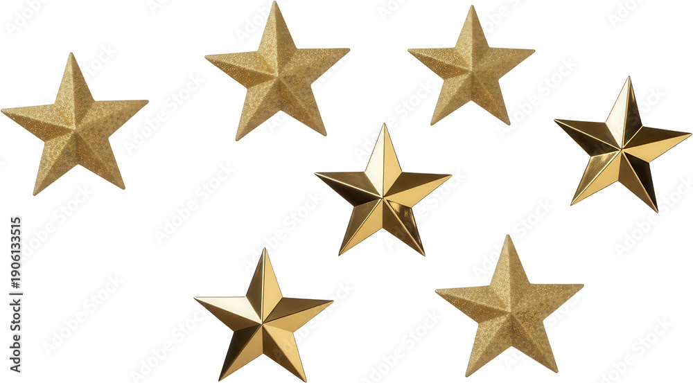 Obraz premium Seven golden stars some with glitter texture and some polished arranged in a scattered pattern sparkle shiny metallic award success celebration excellent transparent background